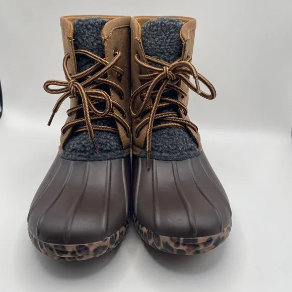 Marley Lilly Womens Duck Boots Brown Leopard Print Sole Sherpa Trim Size 6 - Picture 3 of 8